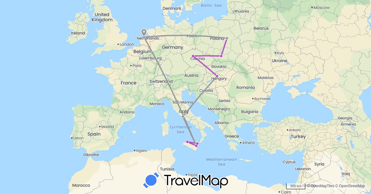 TravelMap itinerary: driving, plane, train in Czech Republic, Hungary, Italy, Netherlands, Poland (Europe)